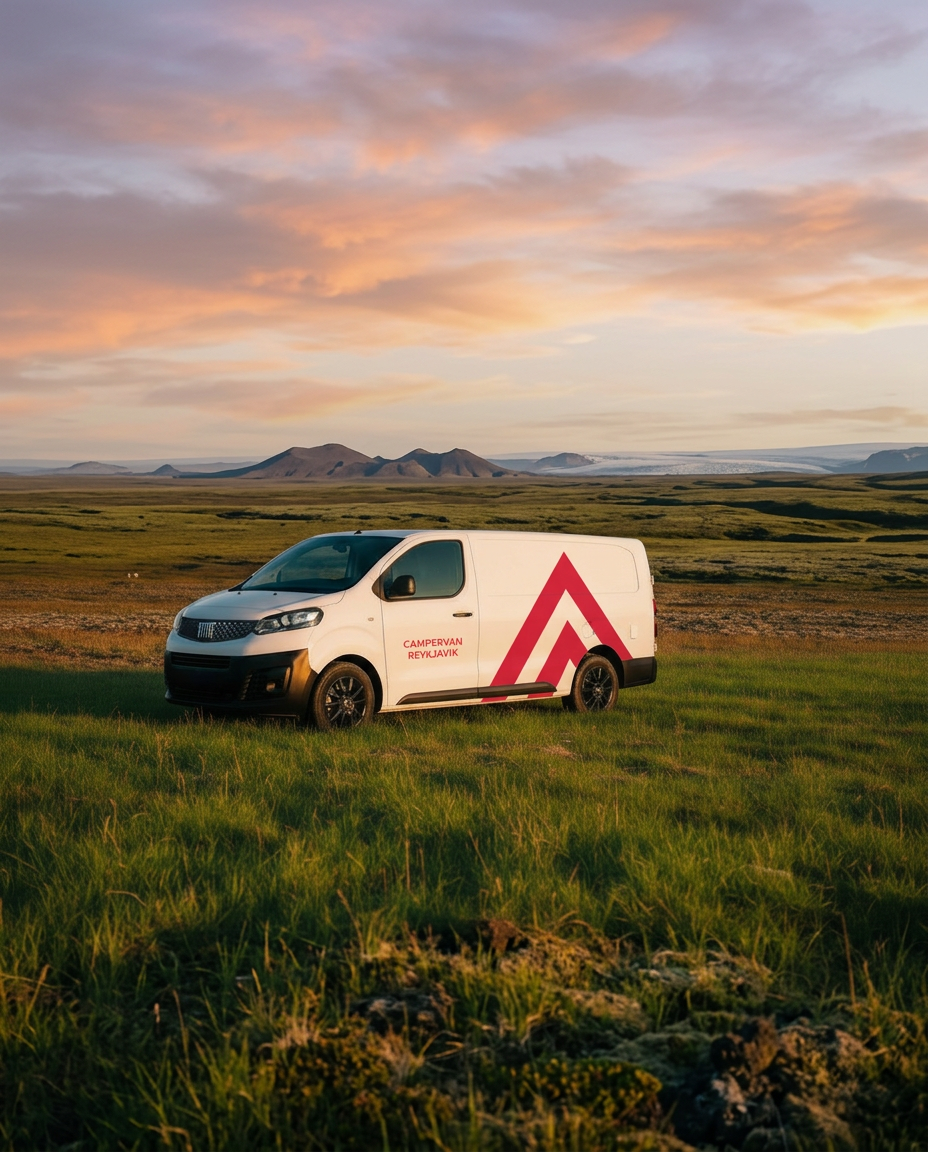 Camper van parked in the Icelandic highlands at sunset